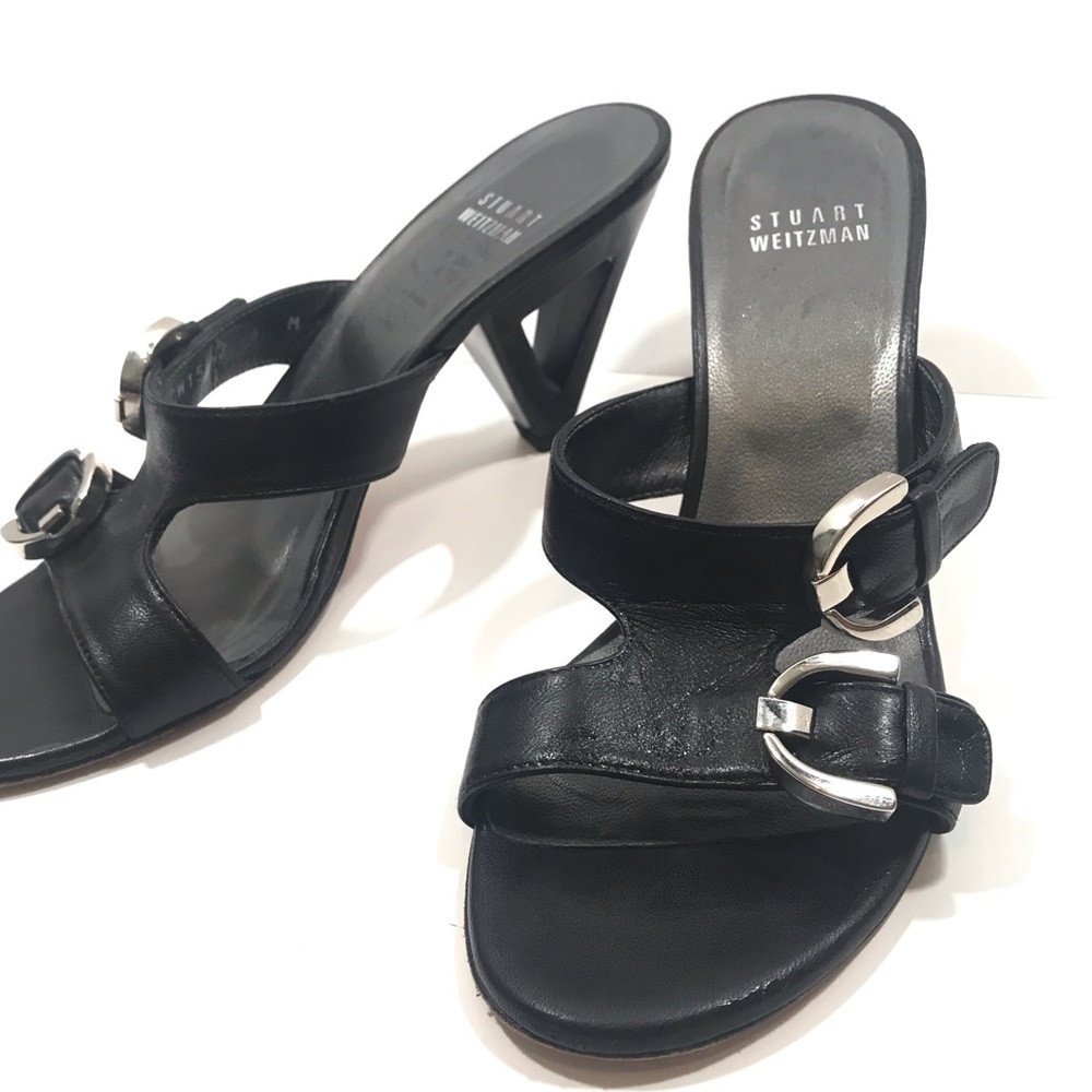 Stuart Weitzman black leather heels size6 triangle